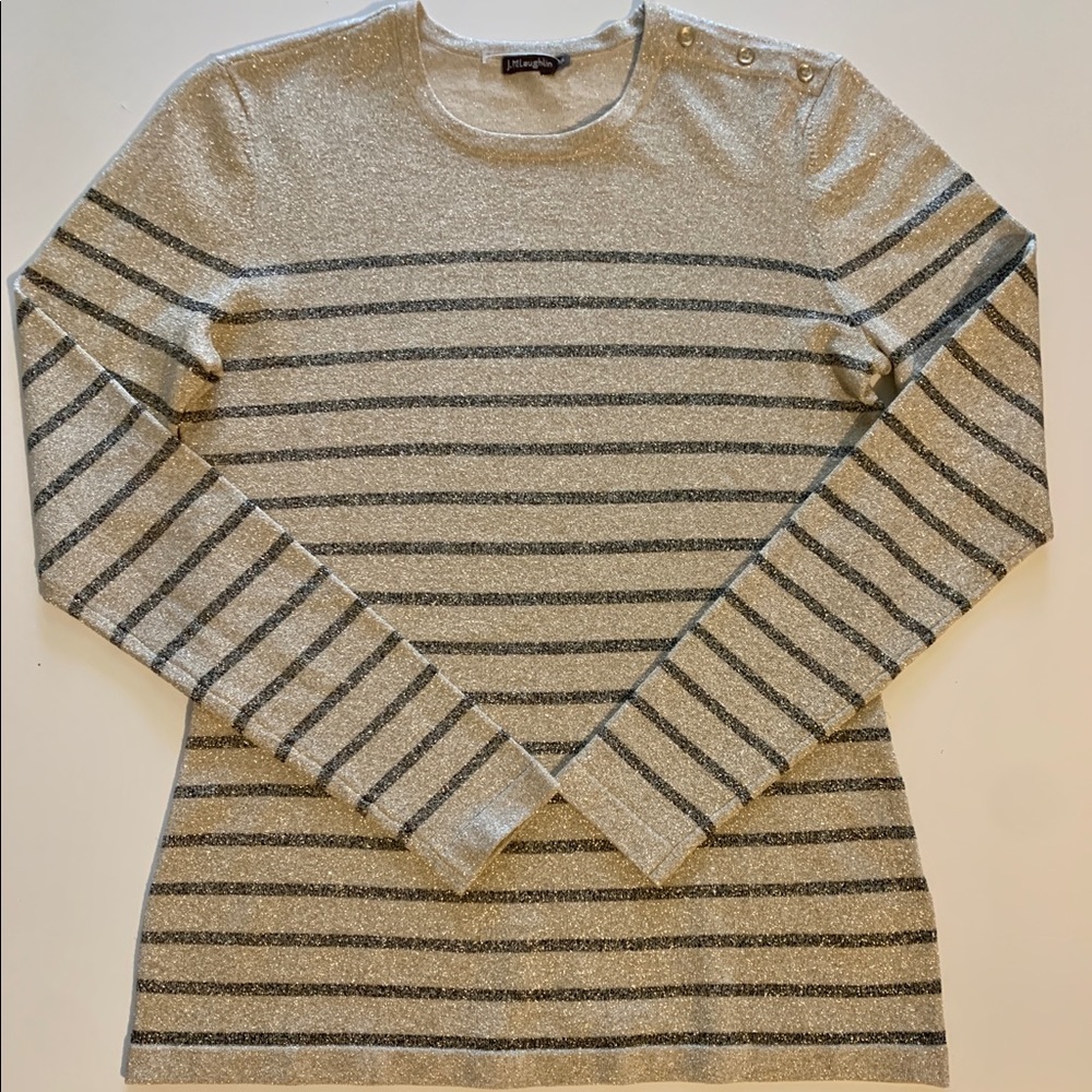 J. McLaughlin XS Gold Black Metallic Stripe Button Shoulder Sweater